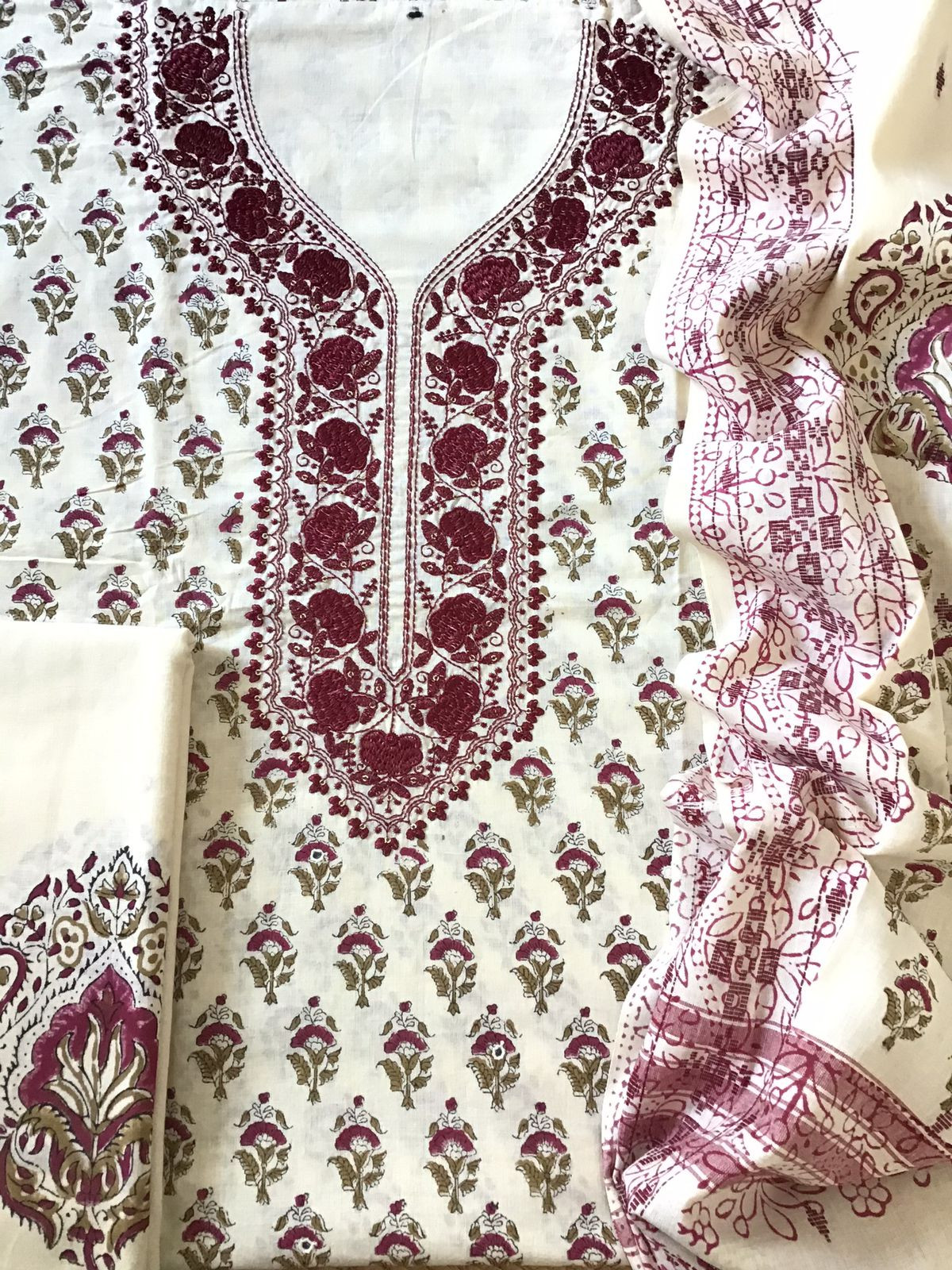 Pure Cotton Printed Embroidered Suit - Cream