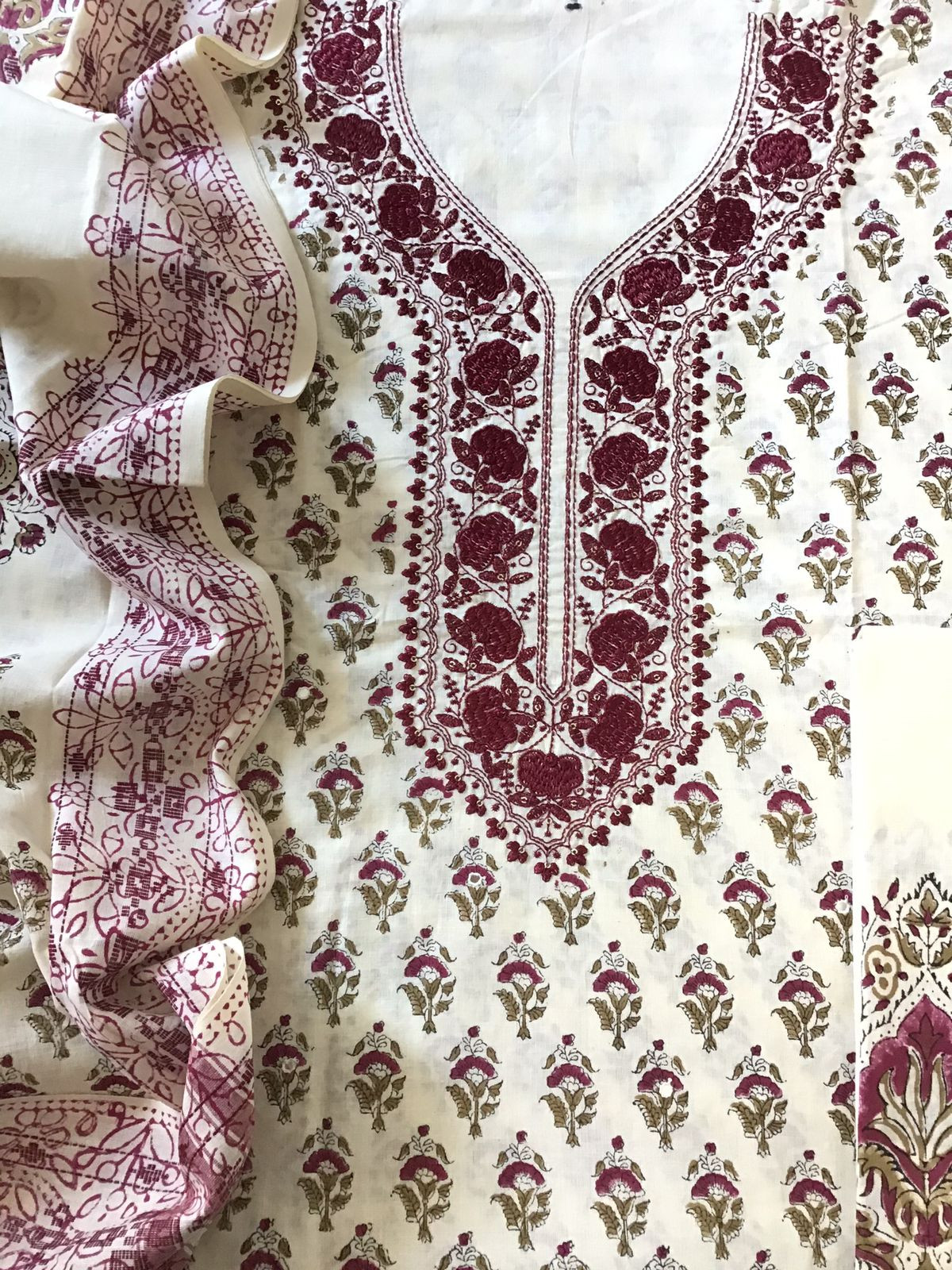 Pure Cotton Printed Embroidered Suit - Cream