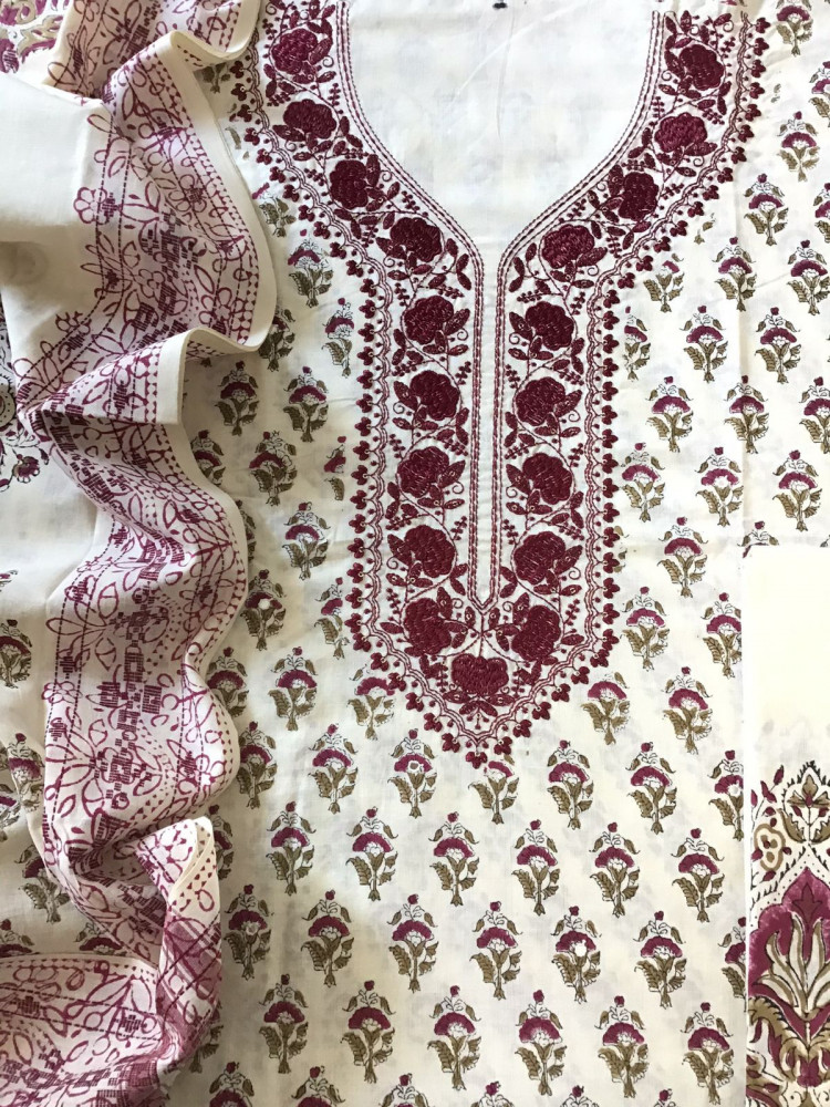 Image of Pure Cotton Printed Embroidered Suit - Cream