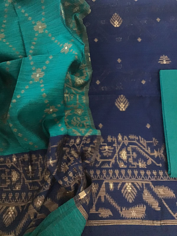 Image of Soft Slub Chanderi Jamdani Weaved Suit - Blue