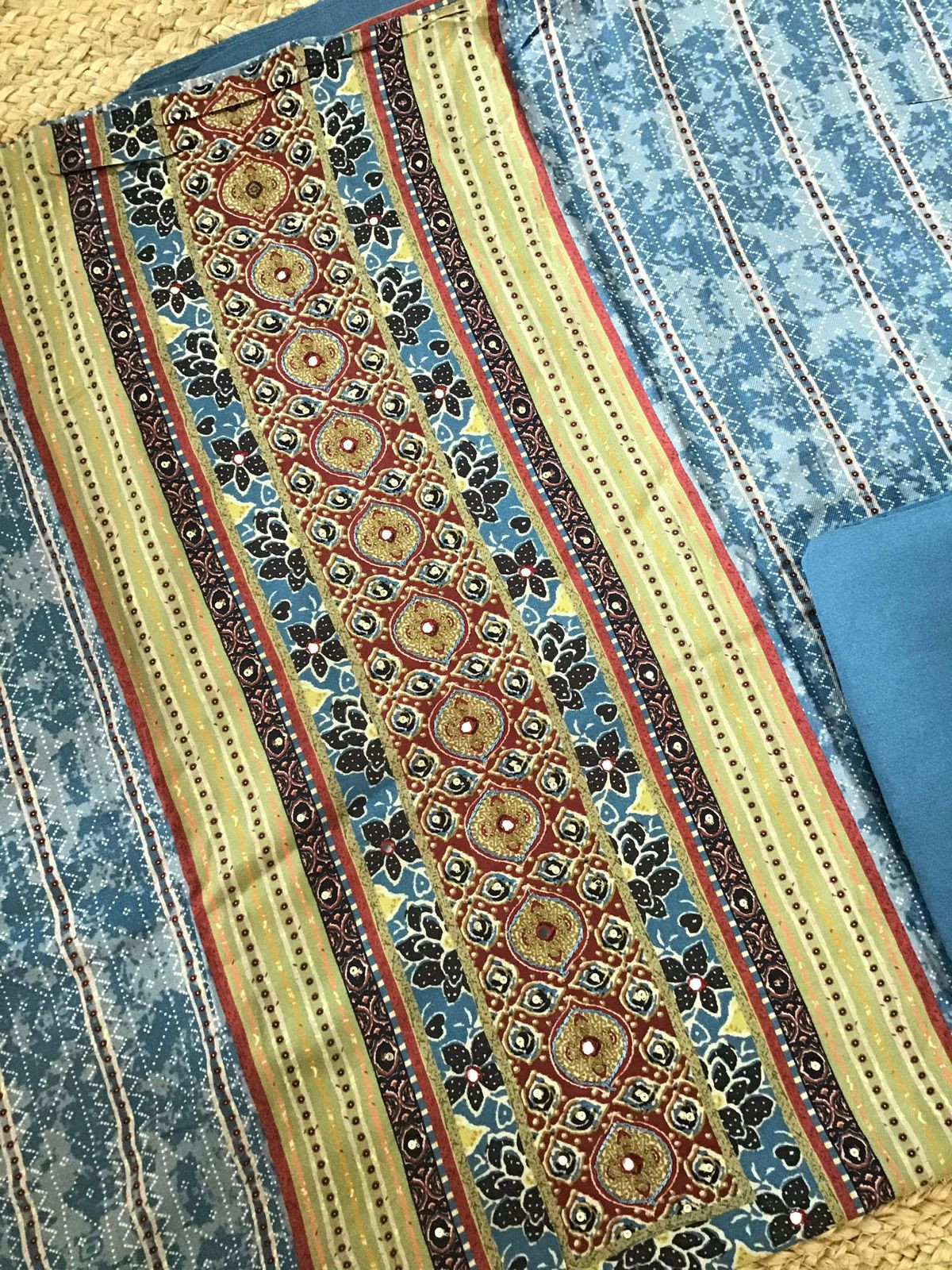 Soft Woollen Slub Silk Printed Embroidered Suit - Blue