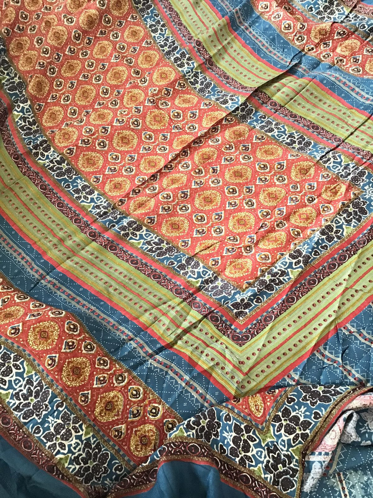 Soft Woollen Slub Silk Printed Embroidered Suit - Blue