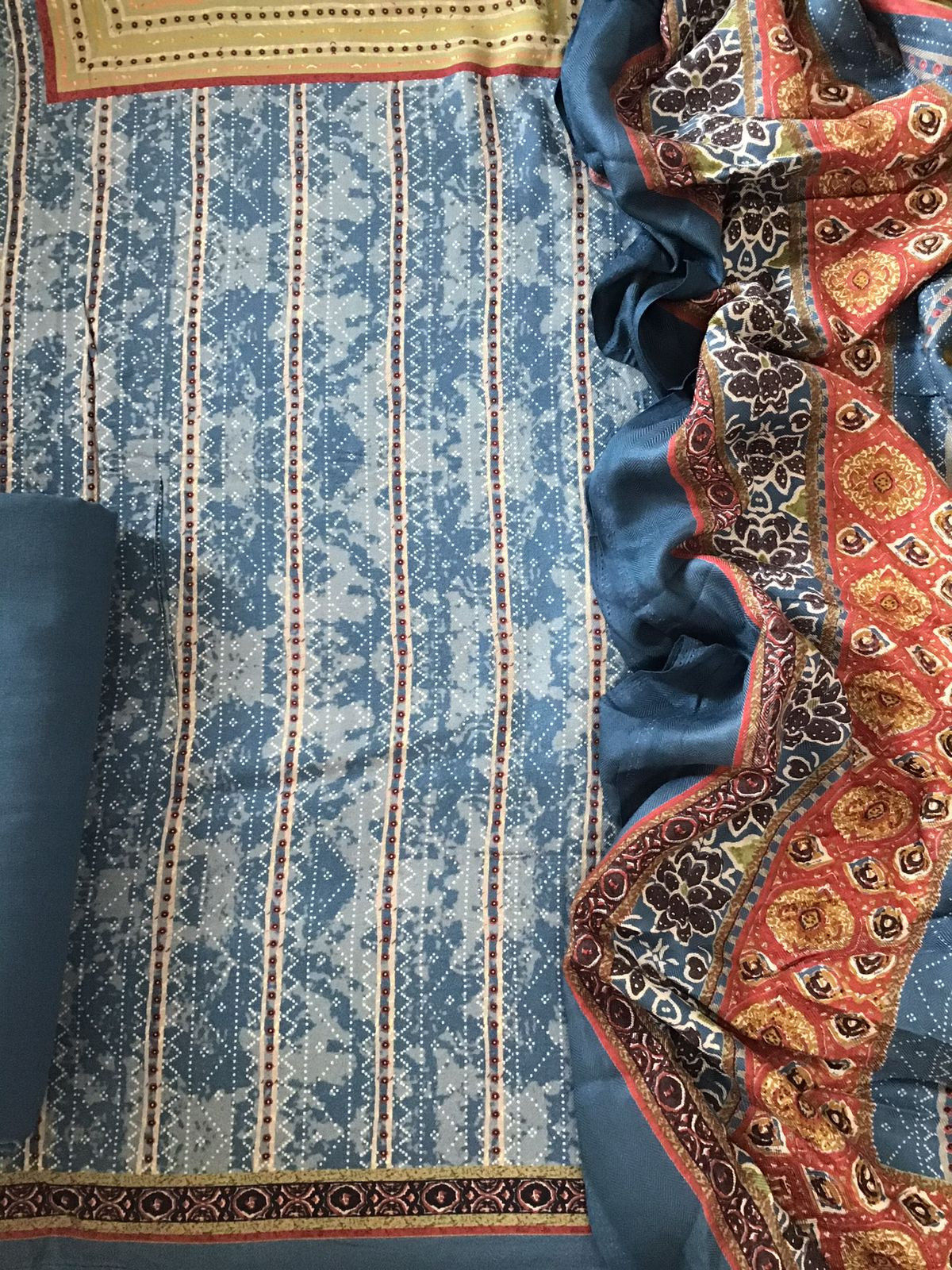 Soft Woollen Slub Silk Printed Embroidered Suit - Blue