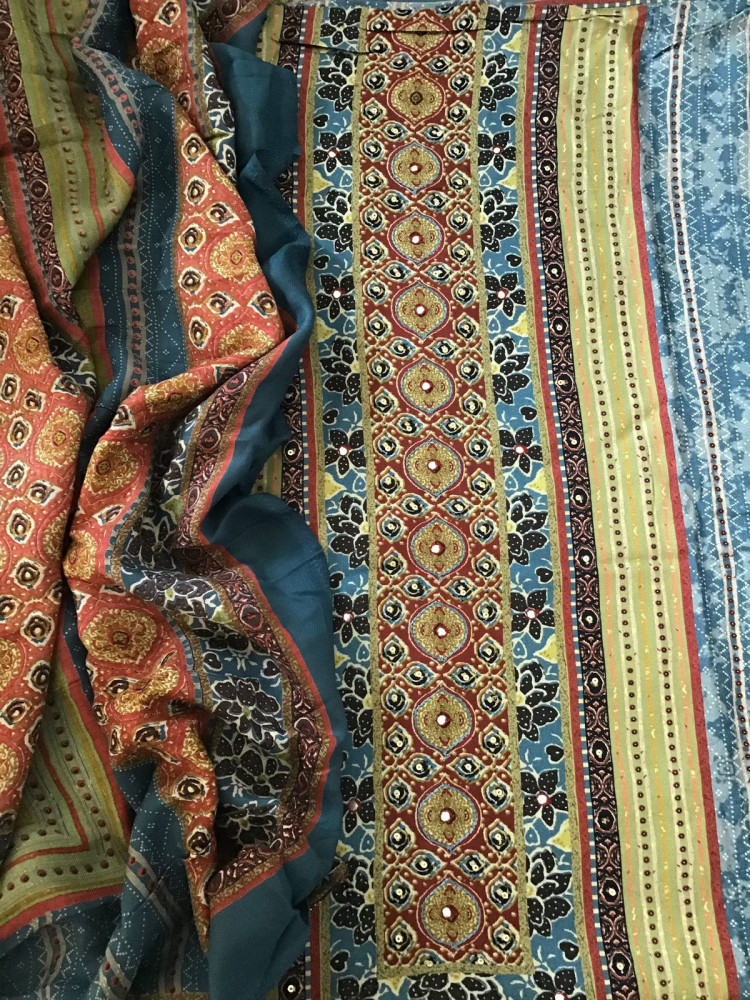 Image of Soft Woollen Slub Silk Printed Embroidered Suit - Blue