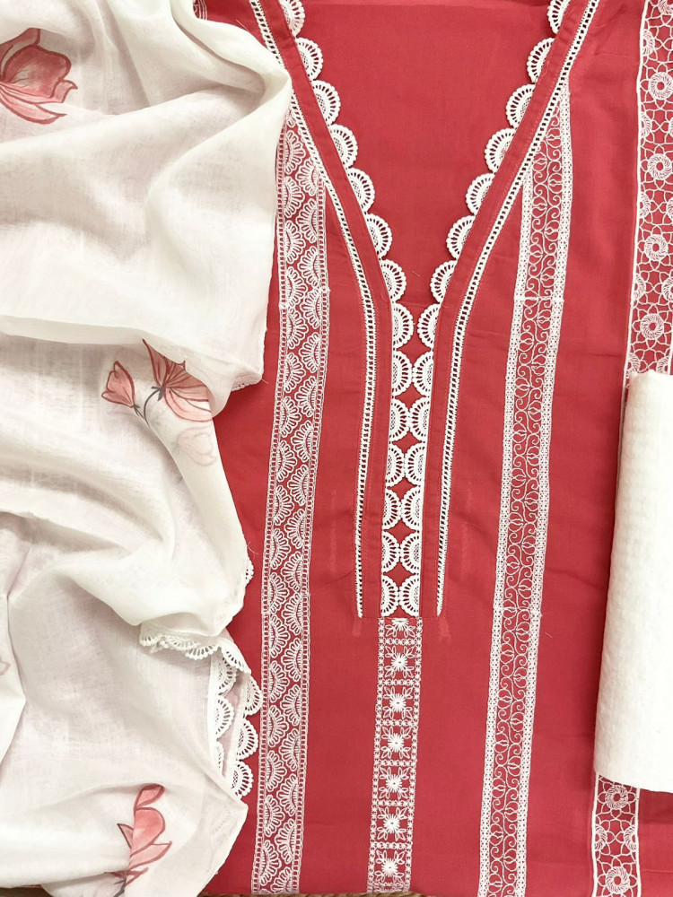 Image of Pure Mul Cotton Brush Painted Embroidered Suit - Red