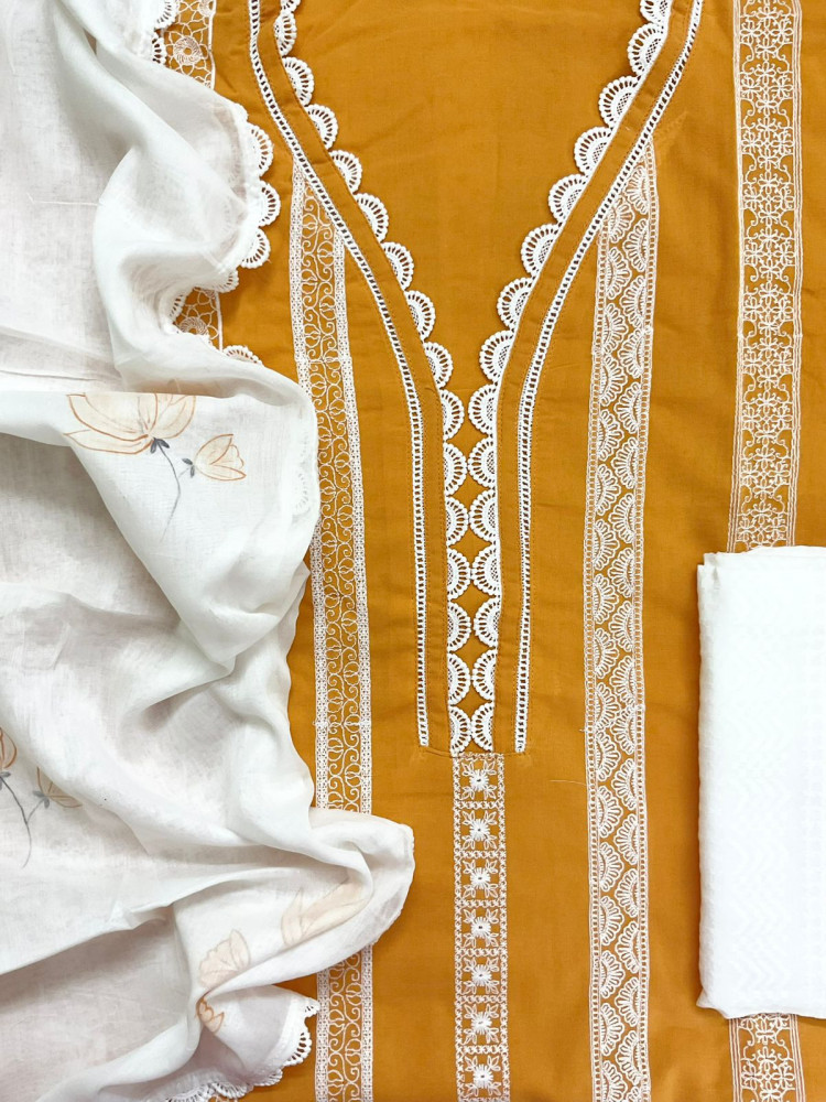 Image of Pure Mul Cotton Brush Painted Embroidered Suit - Yellow