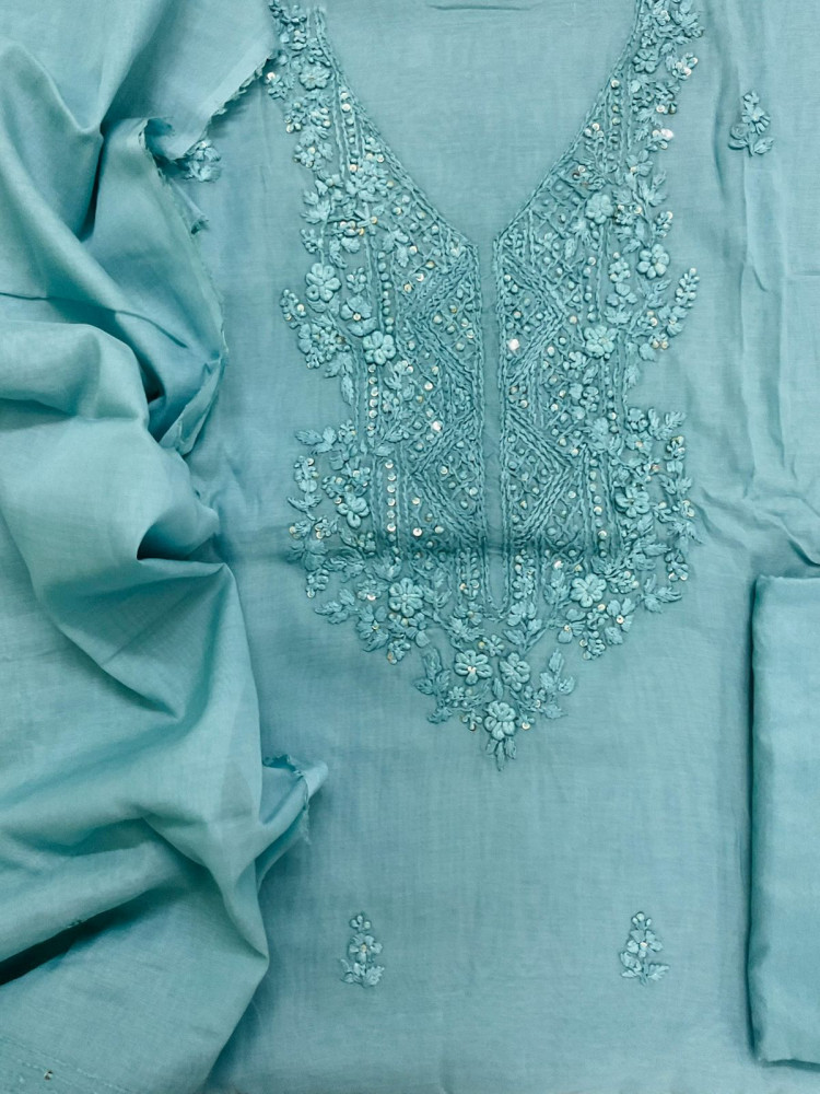 Image of Soft Chanderi Embroidered Suit - Blue