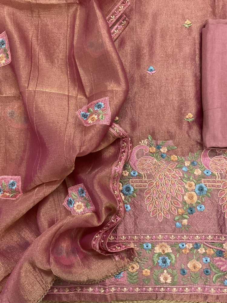 Image of Soft Crushed Tissue   Embroidered Suit - Peach