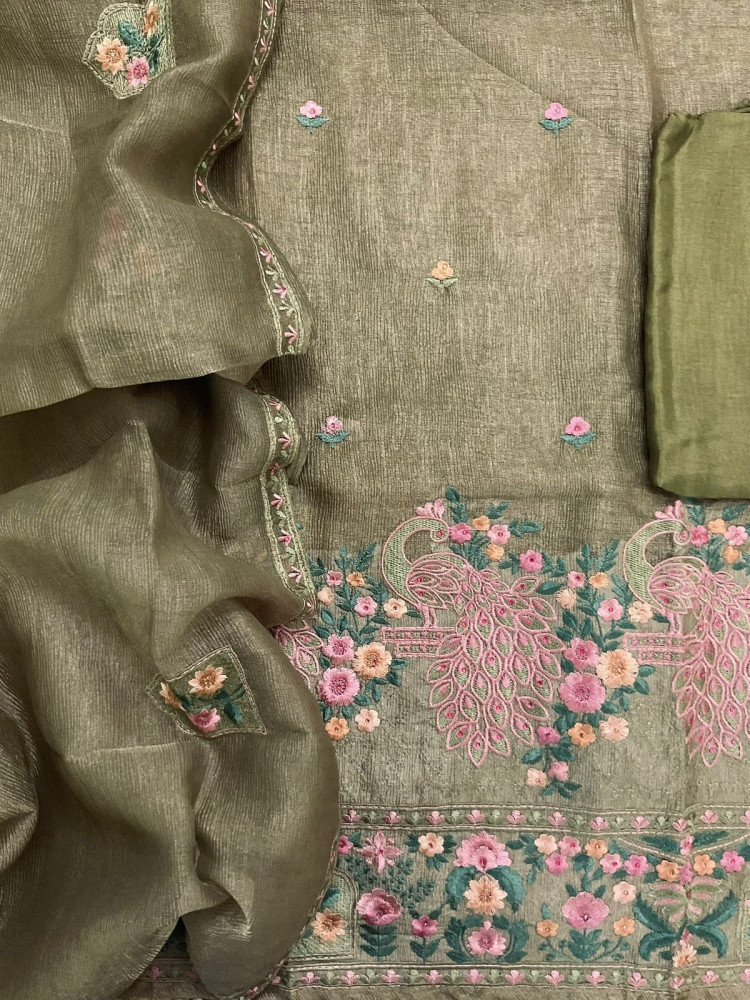 Image of Soft Crushed Tissue   Embroidered Suit - Green