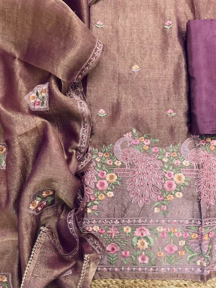 Image of Soft Crushed Tissue   Embroidered Suit - Purple