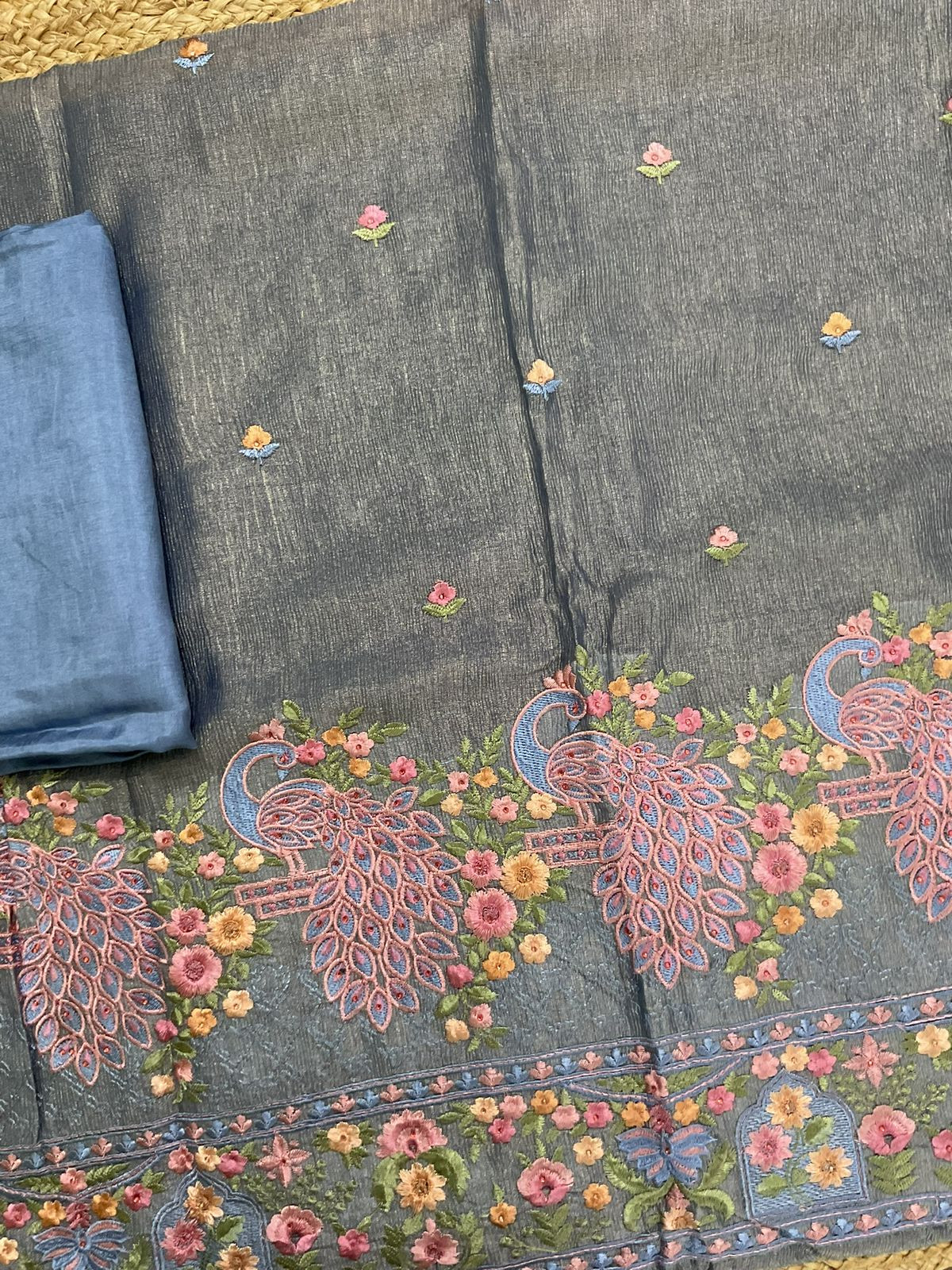 Soft Crushed Tissue   Embroidered Suit - Blue