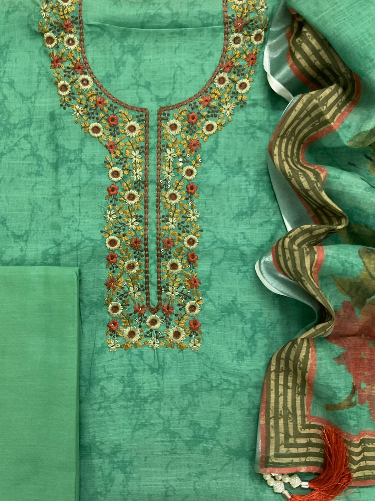 Soft Linen Jute Cotton Printed Embroidered Suit - Green