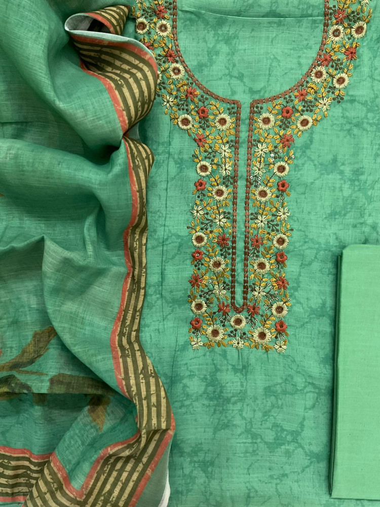 Image of Soft Linen Jute Cotton Printed Embroidered Suit - Green
