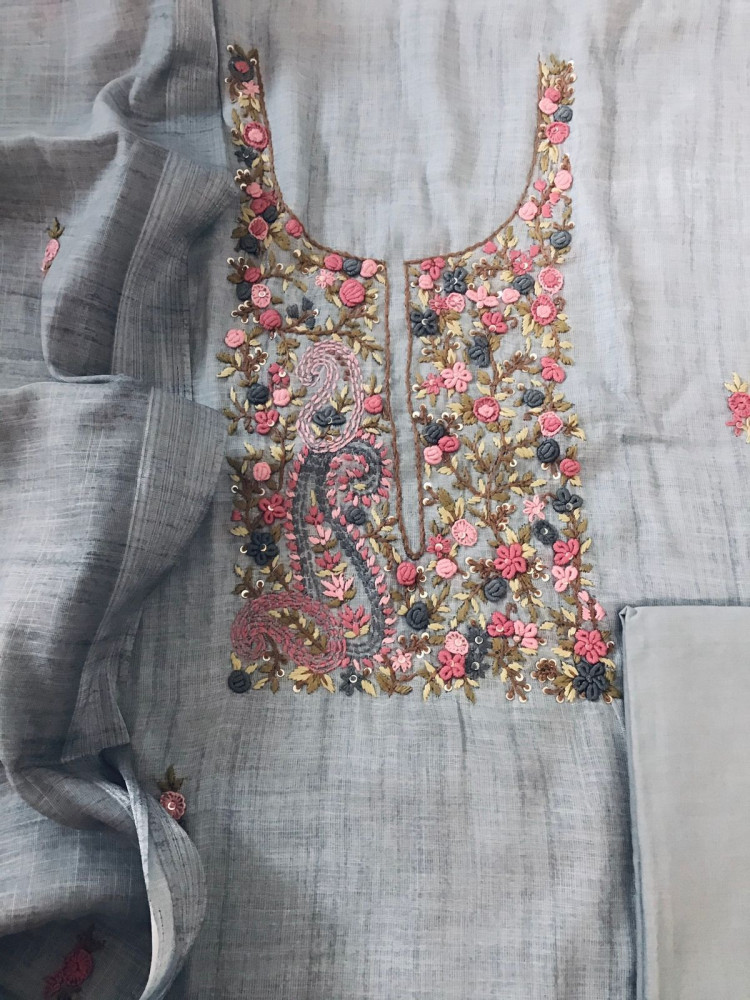 Image of Soft Semi Linen Jute Cotton Embroidered Suit - Grey