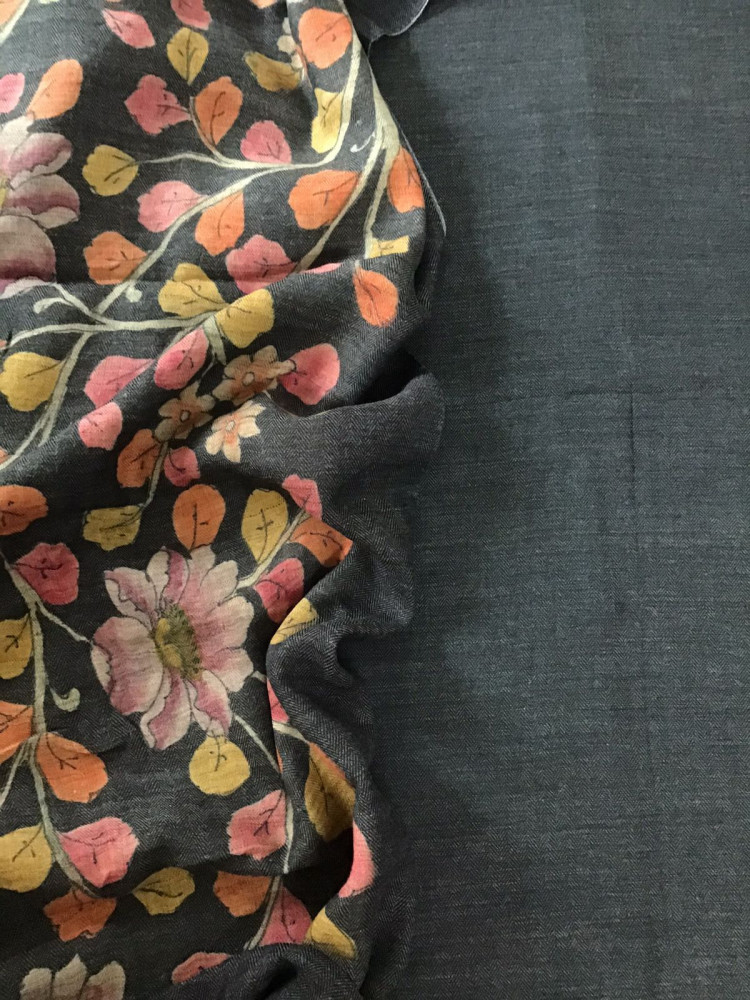 Image of Pure Woollen Basbara Cotton Silk Printed Suit - Greyish Black