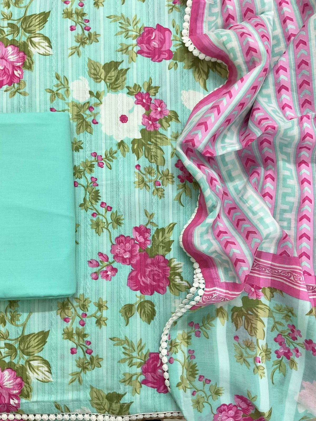 Pure Cotton Printed Self Weaved Suit - Green