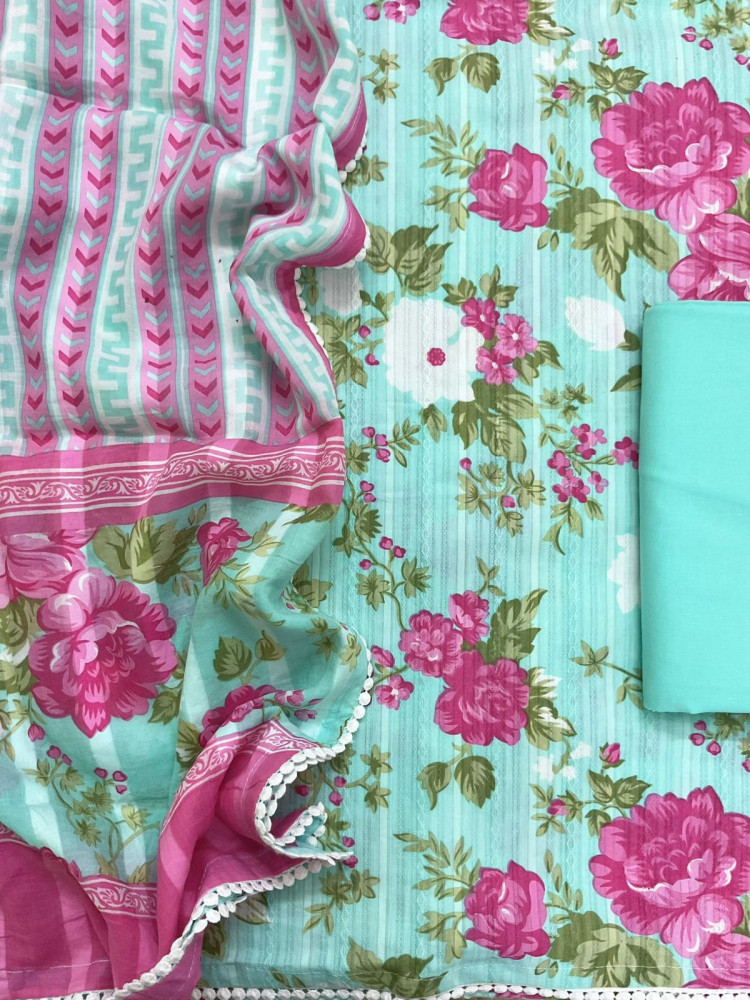 Image of Pure Cotton Printed Self Weaved Suit - Green
