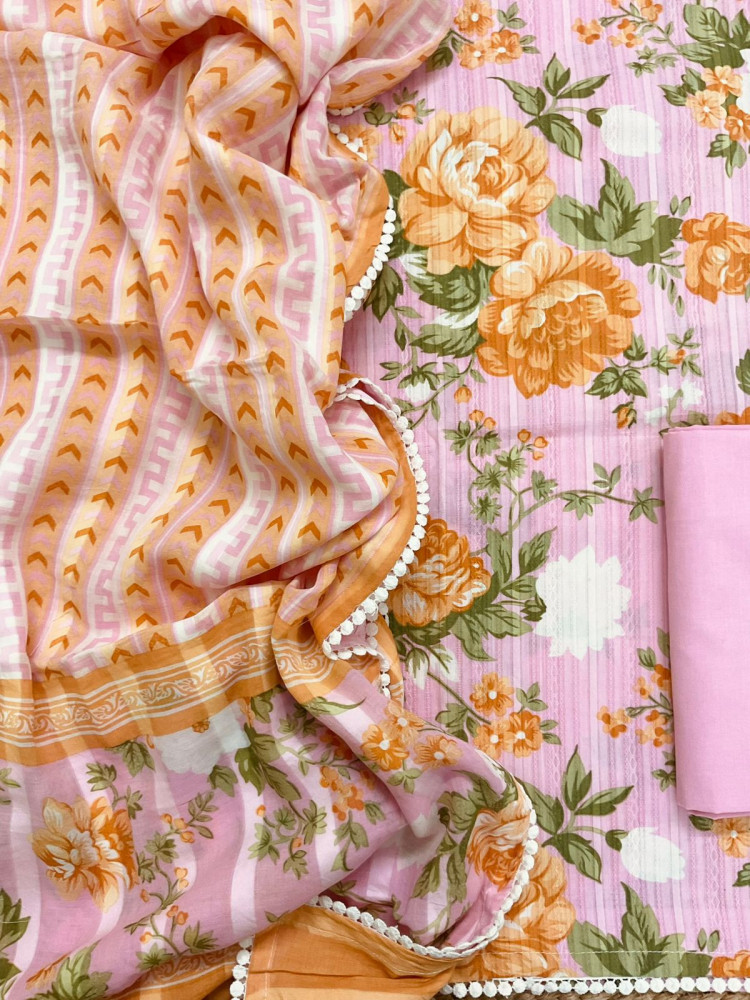 Image of Pure Cotton Printed Self Weaved Suit - Pink