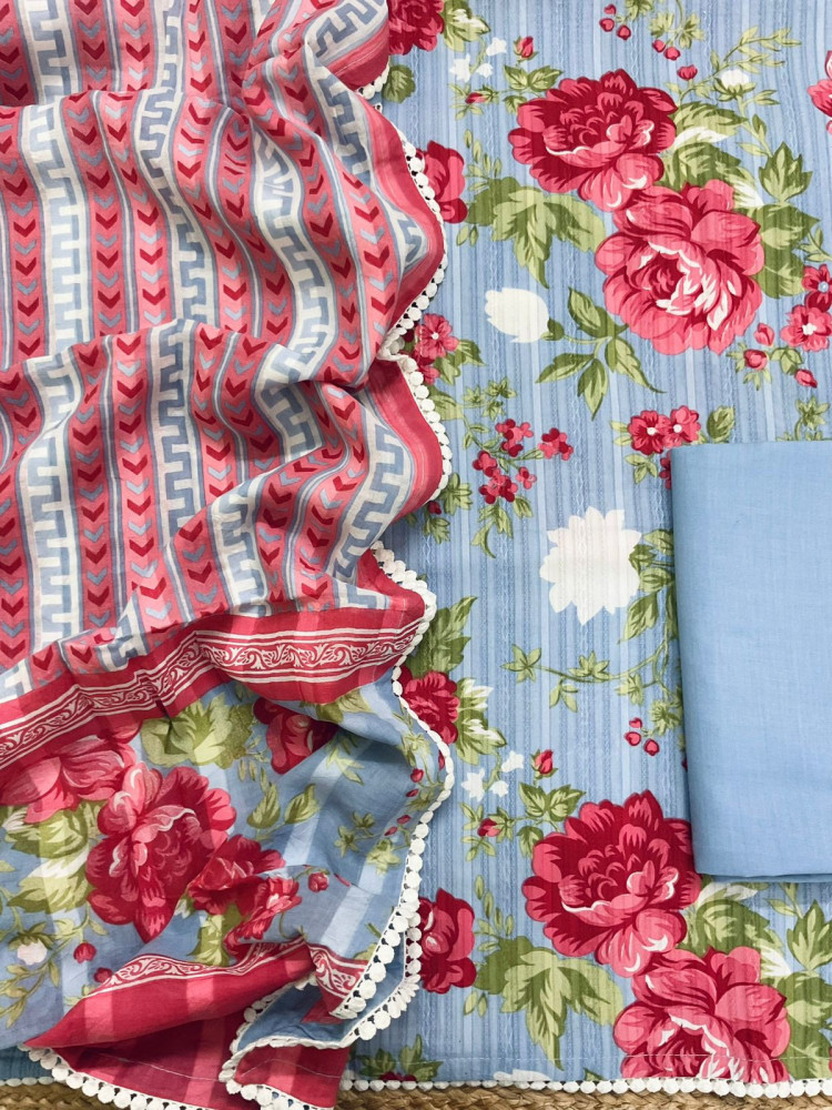 Image of Pure Cotton Printed Self Weaved Suit - Blue