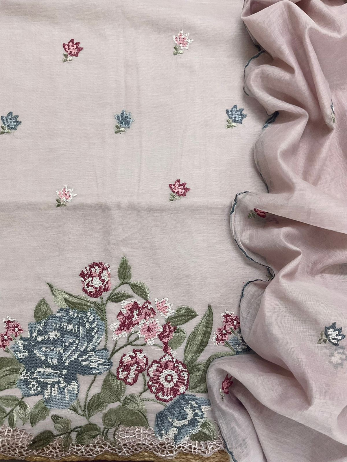 Pure Chanderi Embroidered Suit - Beigish Lilac