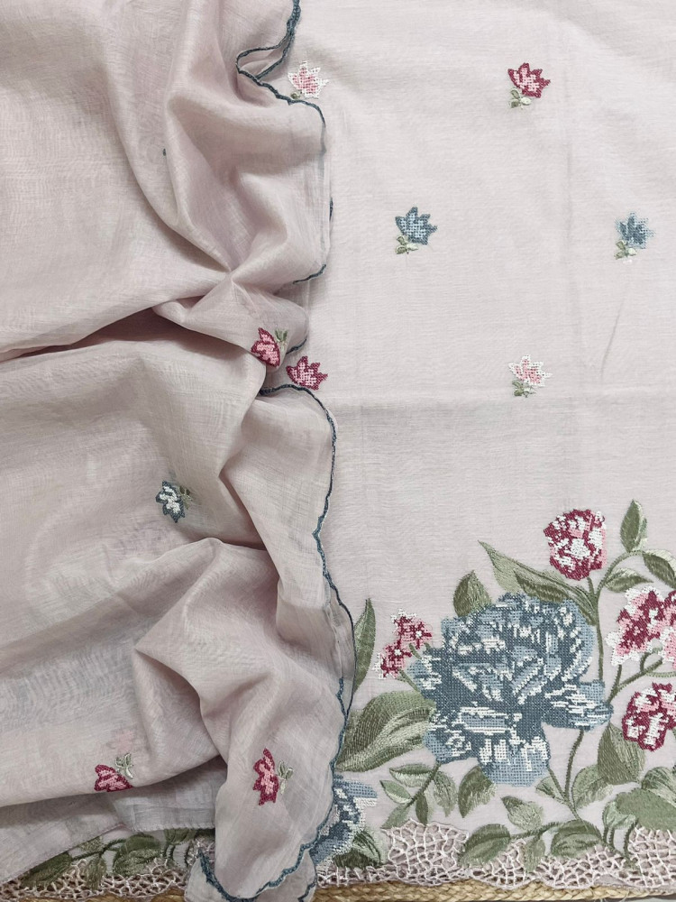 Image of Pure Chanderi Embroidered Suit - Beigish Lilac