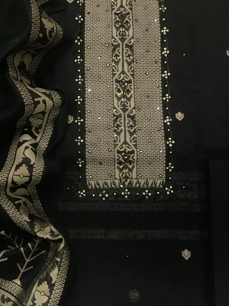 Image of Soft Fine Slub Chanderi Jamdani Weaved Embroidered Suit - Black
