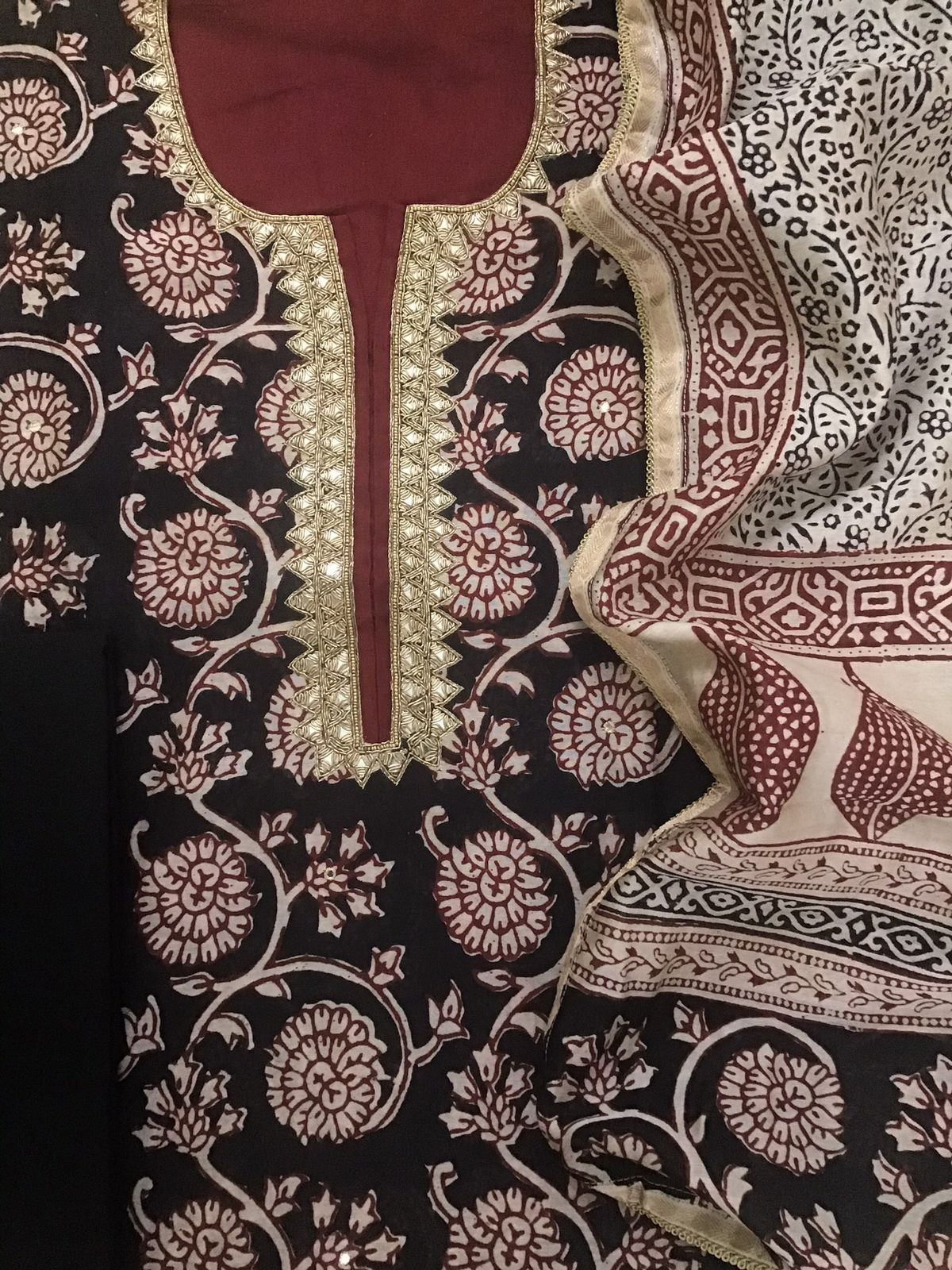 Pure Maheshwari Silk Bagh Printed Embroidered Suit - Black