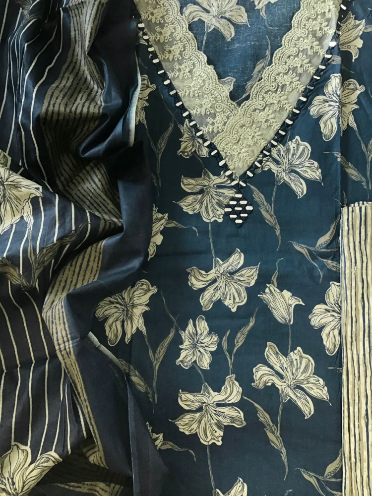 Image of Pure Cotton Printed Embroidered Suit - Blue