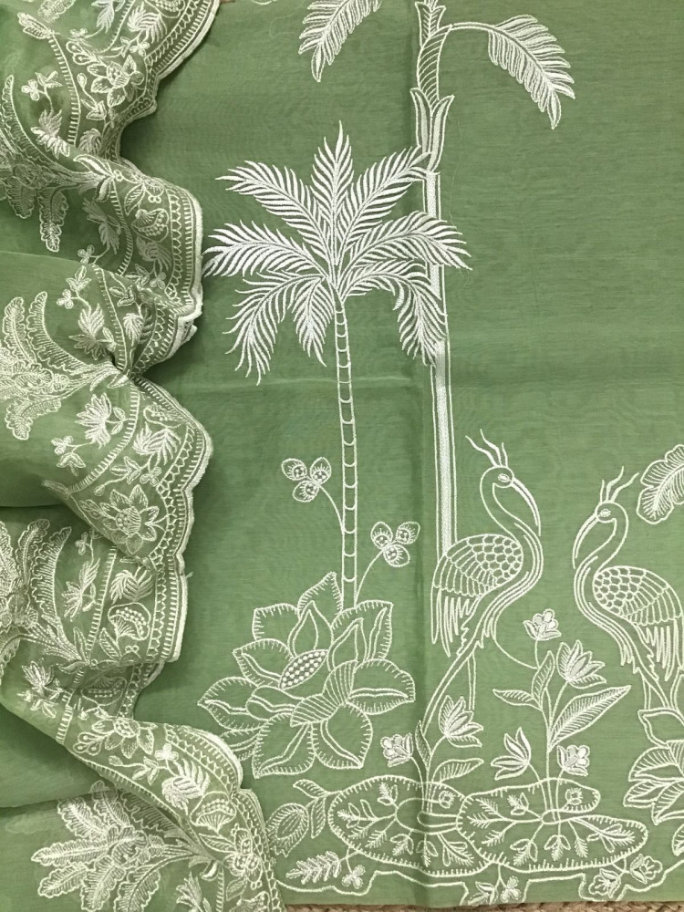Image of Pure Chanderi Embroidered Suit - Green