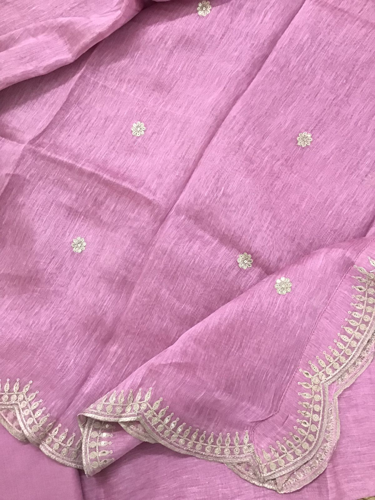Pure Linen Tussar Silk Embroidered Suit - Pink