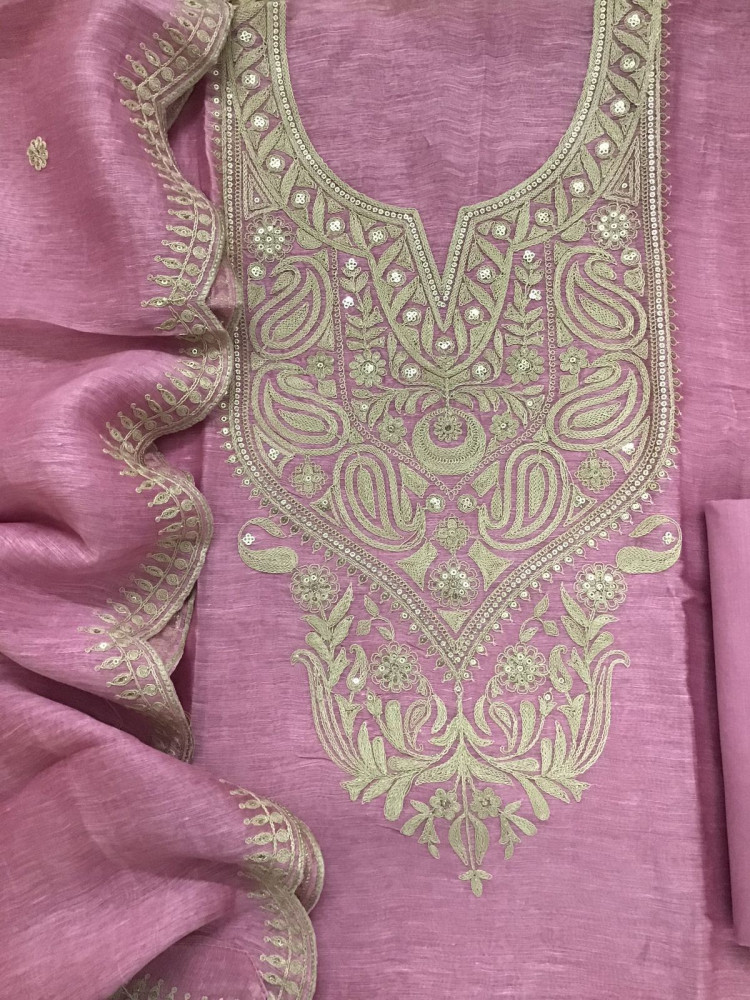 Image of Pure Linen Tussar Silk Embroidered Suit - Pink