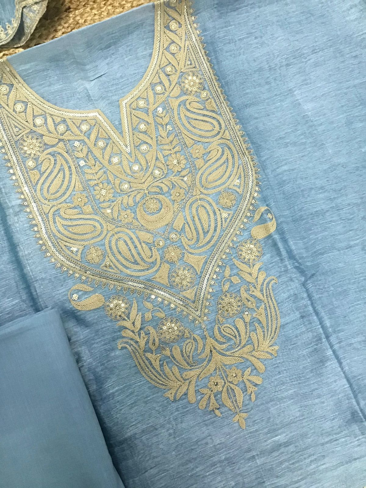 Pure Linen Tussar Silk Embroidered Suit - Blue