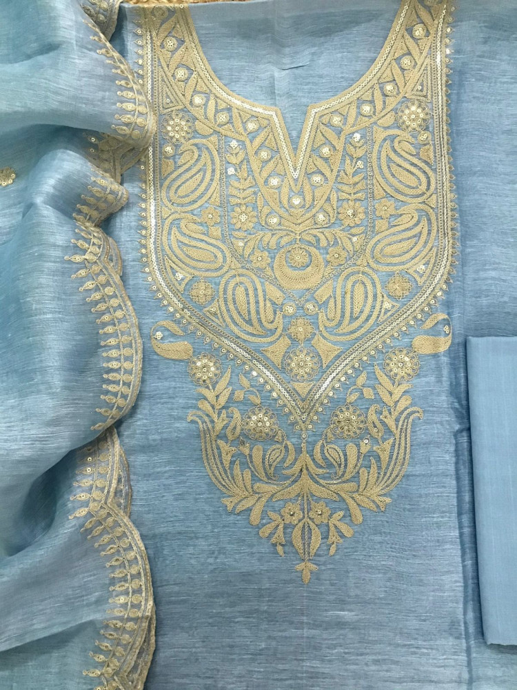 Image of Pure Linen Tussar Silk Embroidered Suit - Blue