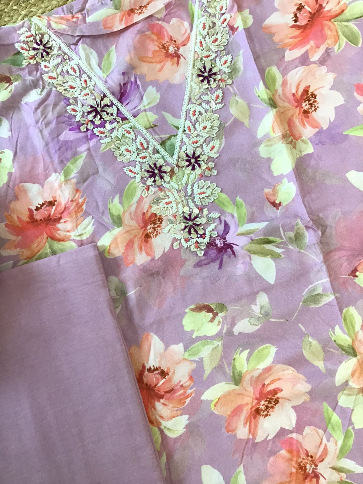 Pure Rayon Cotton Printed Embroidered Suit - Lavender