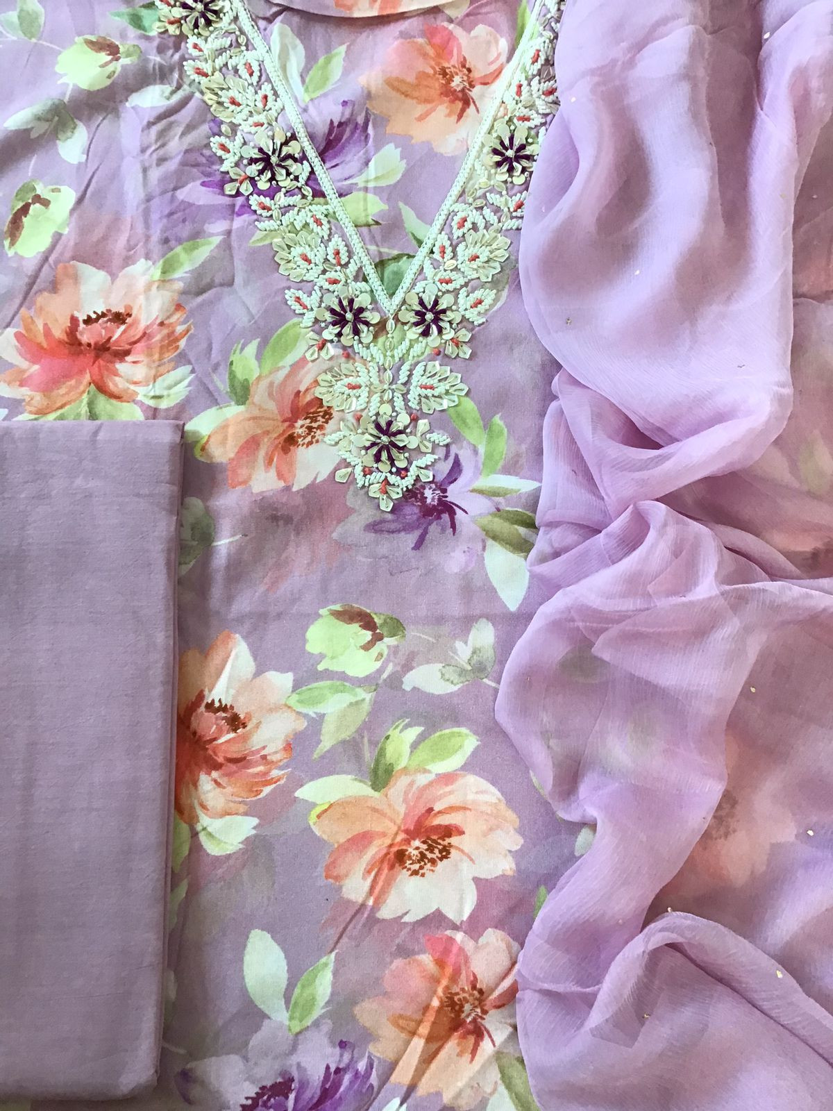 Pure Rayon Cotton Printed Embroidered Suit - Lavender