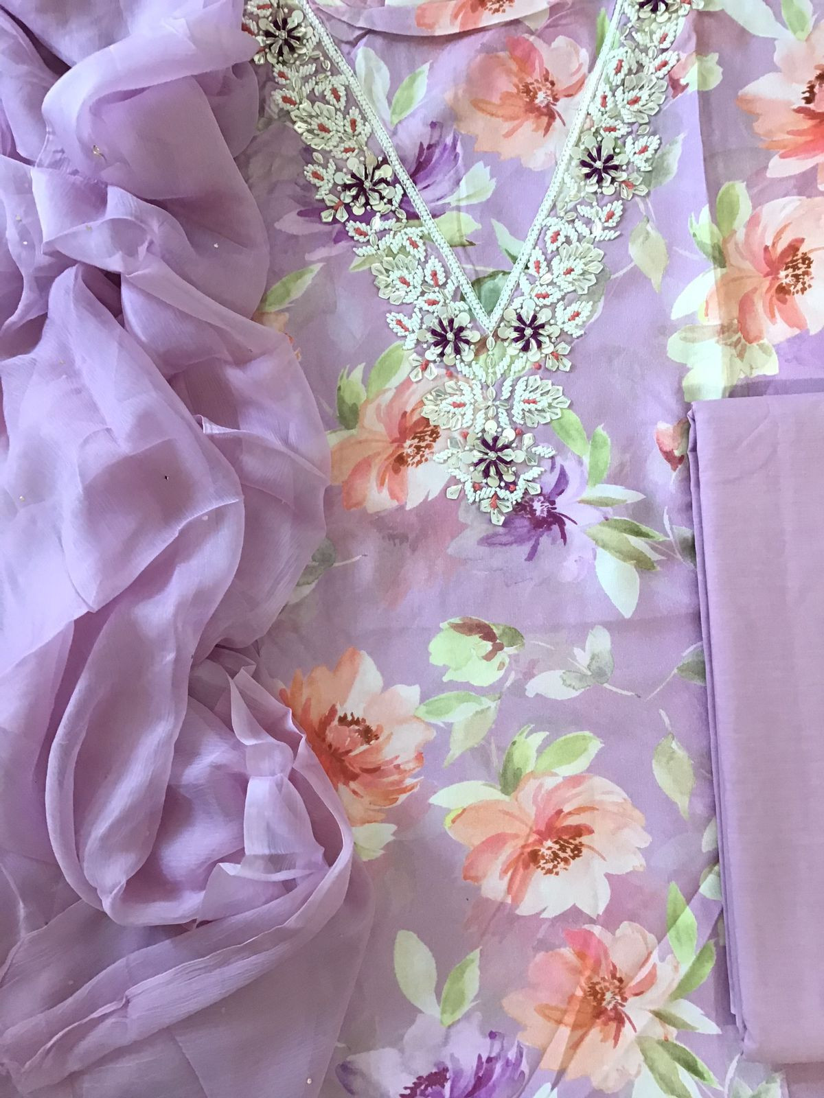 Pure Rayon Cotton Printed Embroidered Suit - Lavender