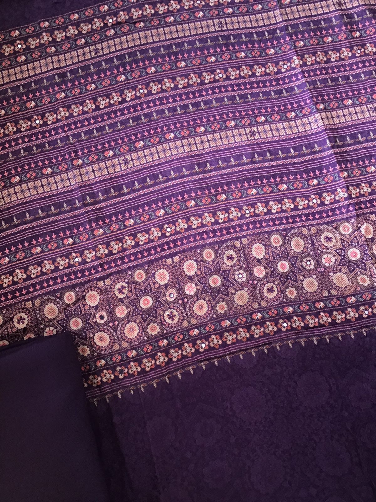 Soft Woollen Slub Silk Printed Embroidered Suit - Purple