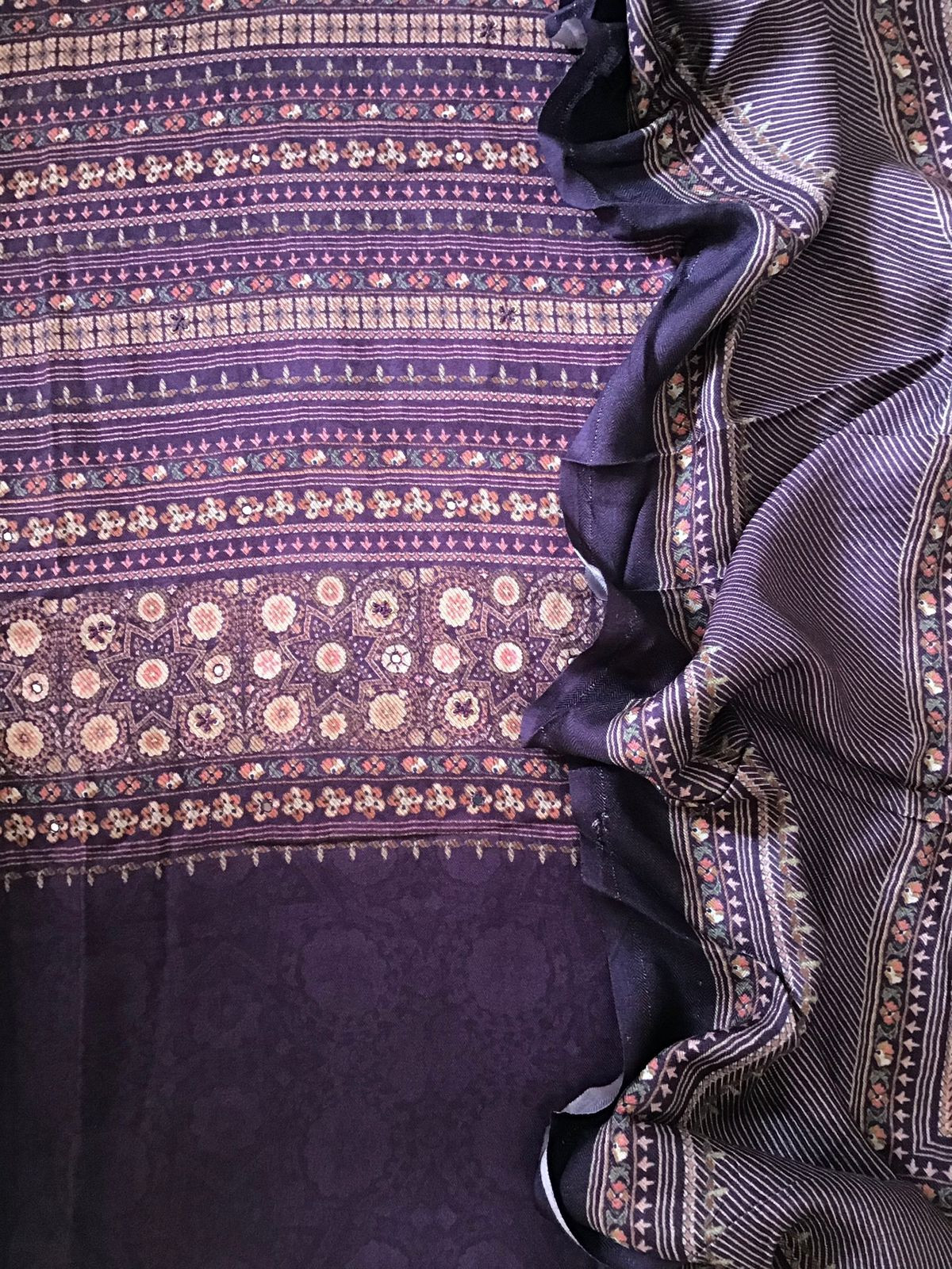 Soft Woollen Slub Silk Printed Embroidered Suit - Purple