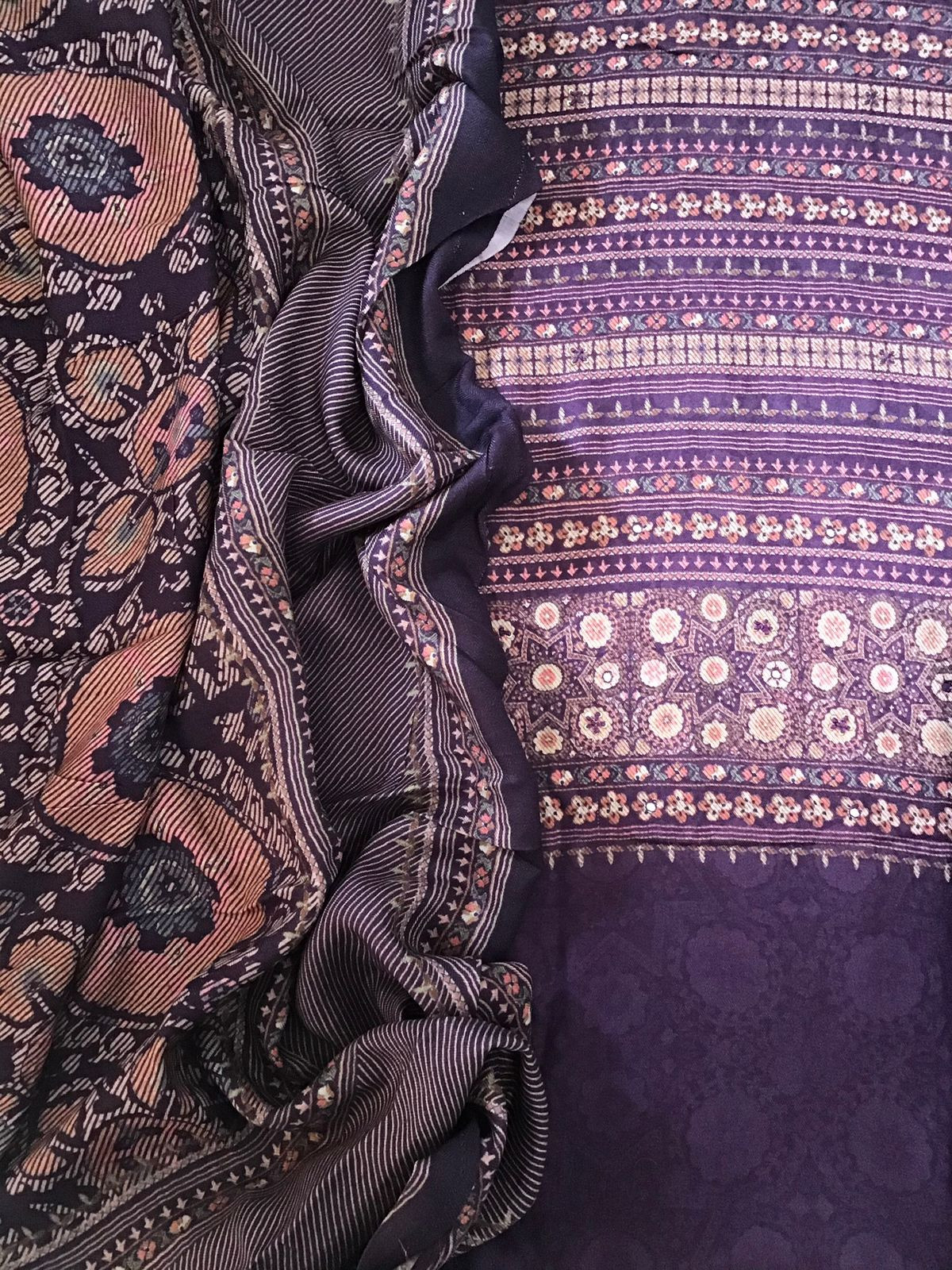 Soft Woollen Slub Silk Printed Embroidered Suit - Purple