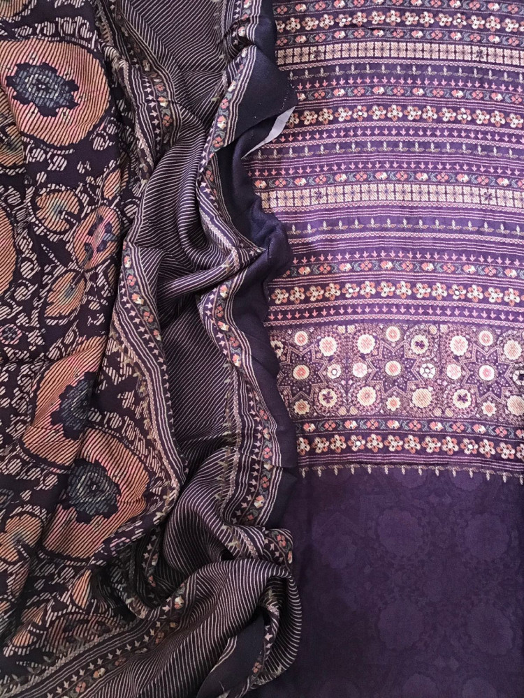 Image of Soft Woollen Slub Silk Printed Embroidered Suit - Purple