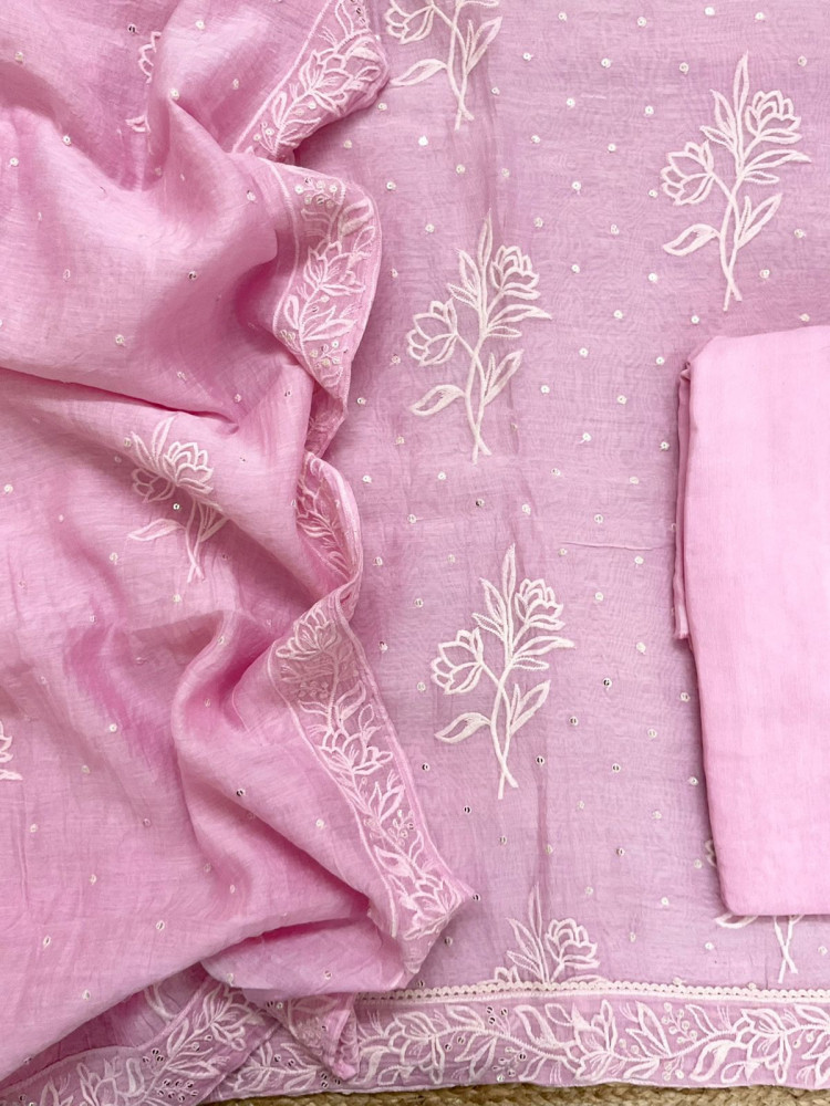 Image of Pure Chanderi Embroidered Suit - Pink