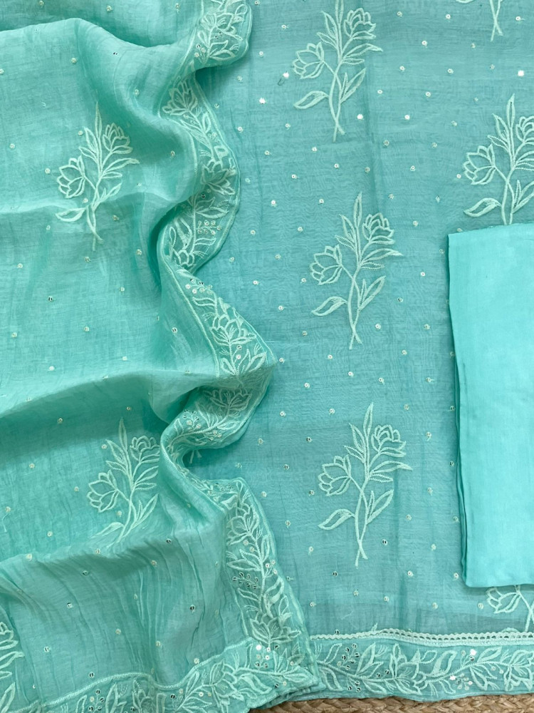 Image of Pure Chanderi Embroidered Suit - Green