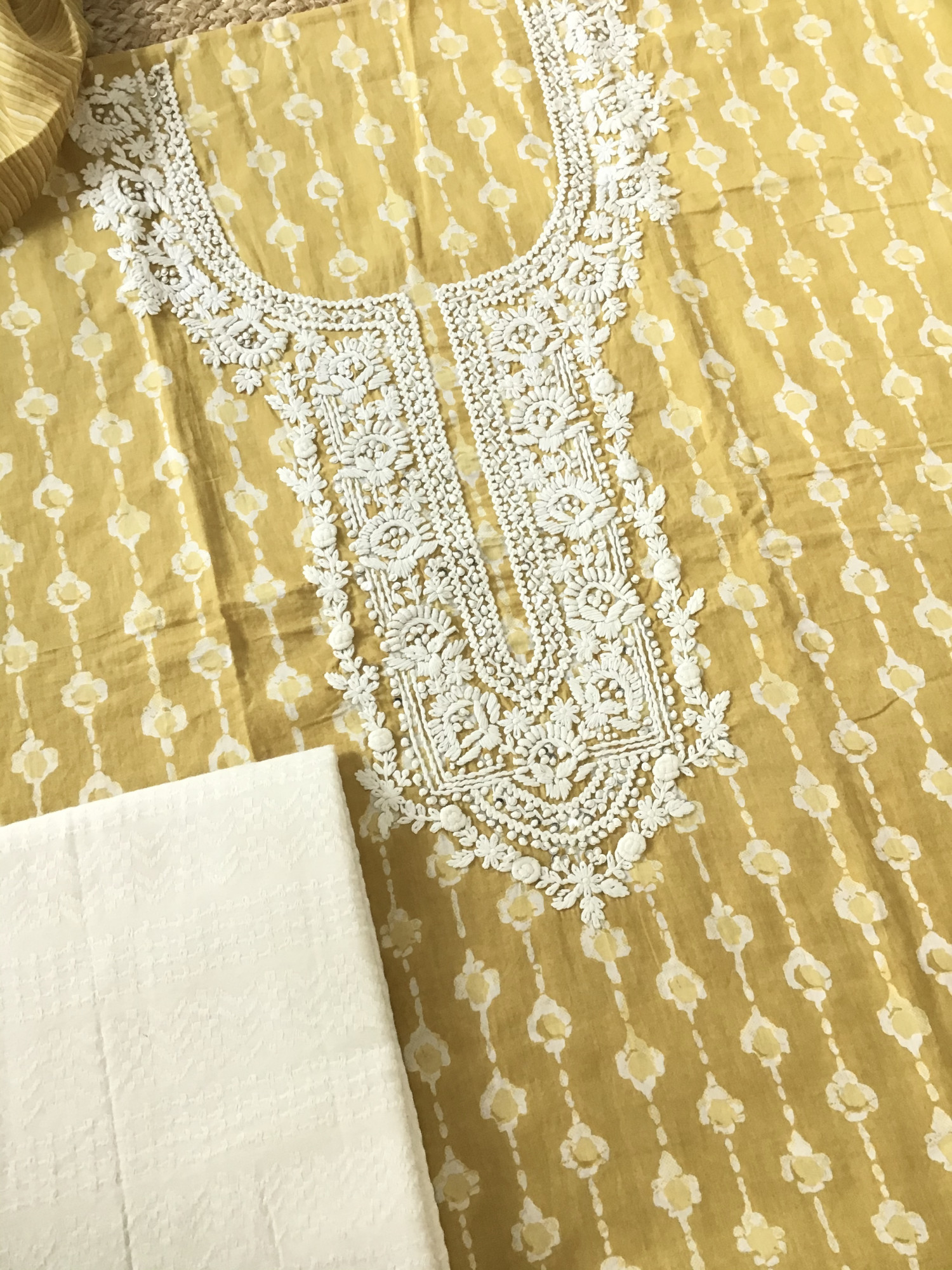 Pure Mul Cotton Batik Printed Embroidered Suit - Yellow