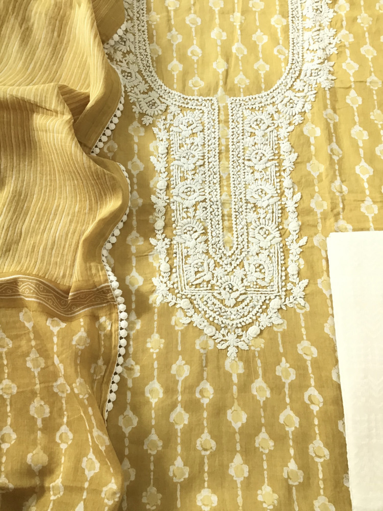 Image of Pure Mul Cotton Batik Printed Embroidered Suit - Yellow