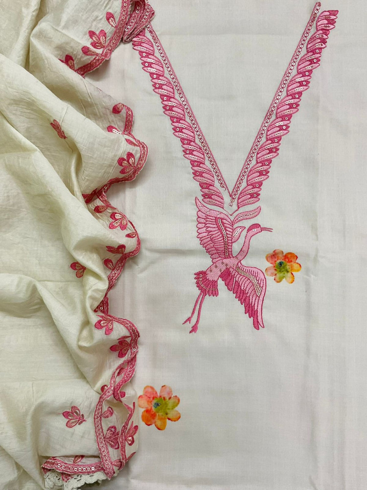 Image of Soft Slub Cotton Printed Embroidered Suit - Off White