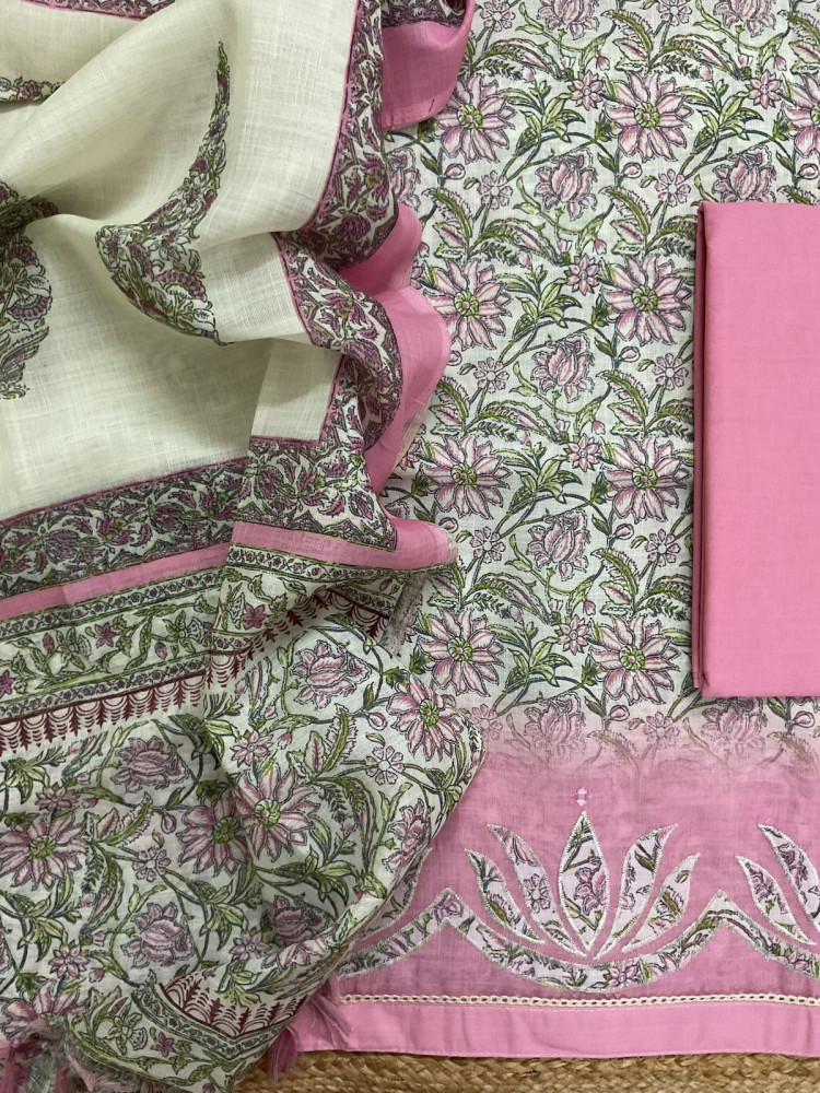 Image of Soft Linen Jute Cotton Printed Embroidered Suit - Pink
