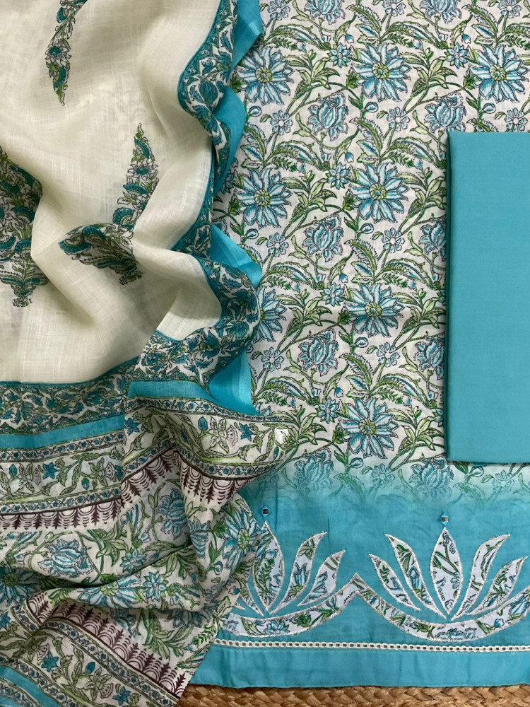 Image of Soft Linen Jute Cotton Printed Embroidered Suit - Blue