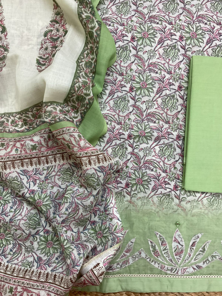 Image of Soft Linen Jute Cotton Printed Embroidered Suit - Green