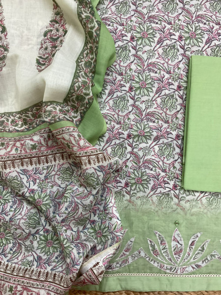 Image of Soft Linen Jute Cotton Printed Embroidered Suit - Green