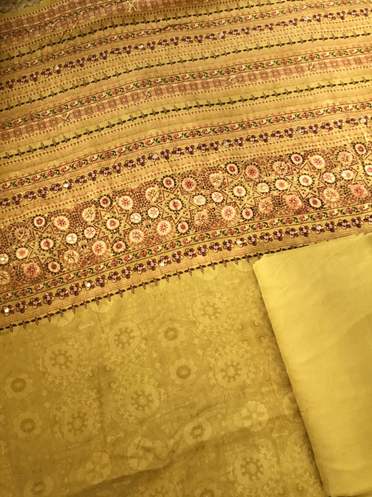 Soft Woollen Slub Silk Printed Embroidered Suit - Yellow